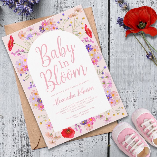 Wildblomma baby i babybabyskor i bloom Girl Inbjudningar (Boho chic wildflower girl baby shower invitation )