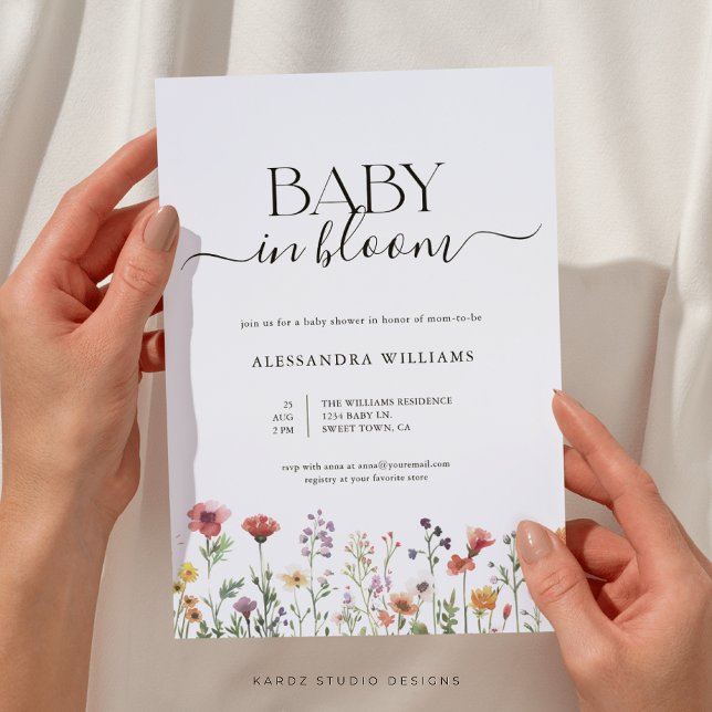 Wildblomma Baby i BLOMMHUS-inbjudan Inbjudningar (This wildflower baby shower invitation is shown in size 5 x 7 in. Other sizes or digital available.)