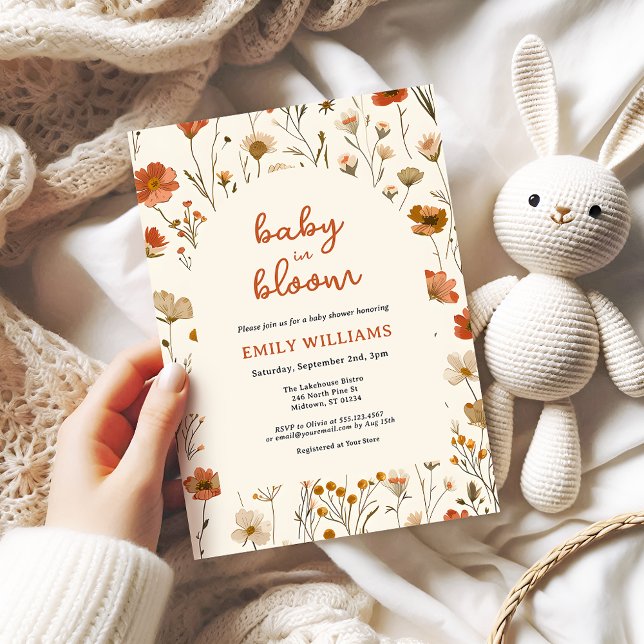 Wildblomma Baby i Bloom Arch Fall Baby Shower Inbjudningar (Baby in Bloom Fall Wildflower baby shower invitation with arch and whimsical script calligraphy.)