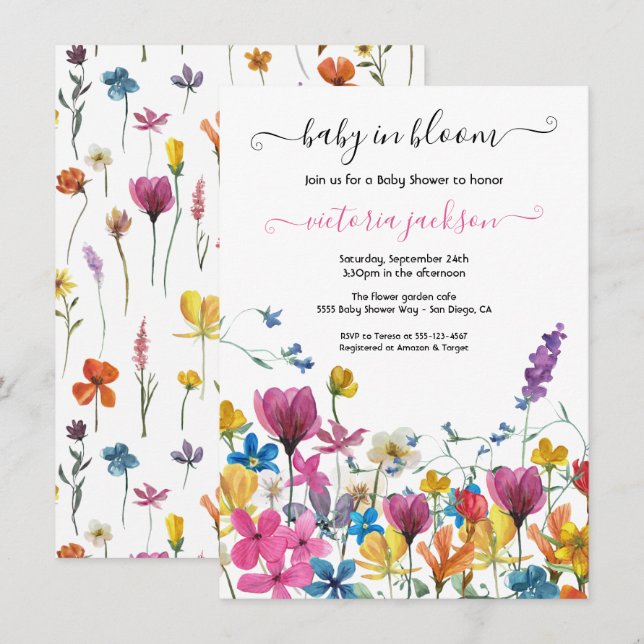 Wildblomma Baby i Bloom Baby Shower Inbjudningar (Fram/baksida)