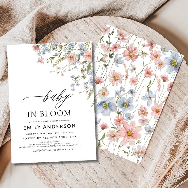 Wildblomma Baby i Bloom Baby Shower Rosa Blue Inbjudningar (Skapare uppladdad)