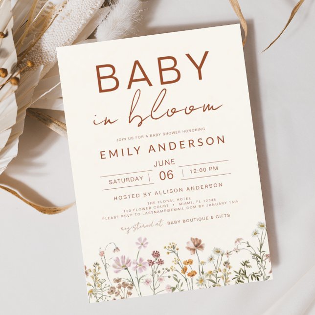 Wildblomma Baby i Bloom Baby Shower Terracotta Inbjudningar (Skapare uppladdad)