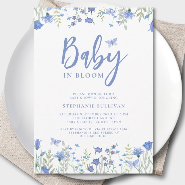 Wildblomma Baby i Bloom Blue Baby Shower Inbjudningar (Skapare uppladdad)
