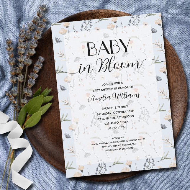 Wildblomma Baby i Bloom Blue Boy Shower Inbjudningar (Baby in Bloom wildflowers on blue boy baby shower invitations - INSTANT DOWNLOAD and/or PRINTED)