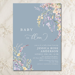 Wildblomma Baby i Bloom Dusty Blue Baby Shower Inbjudningar