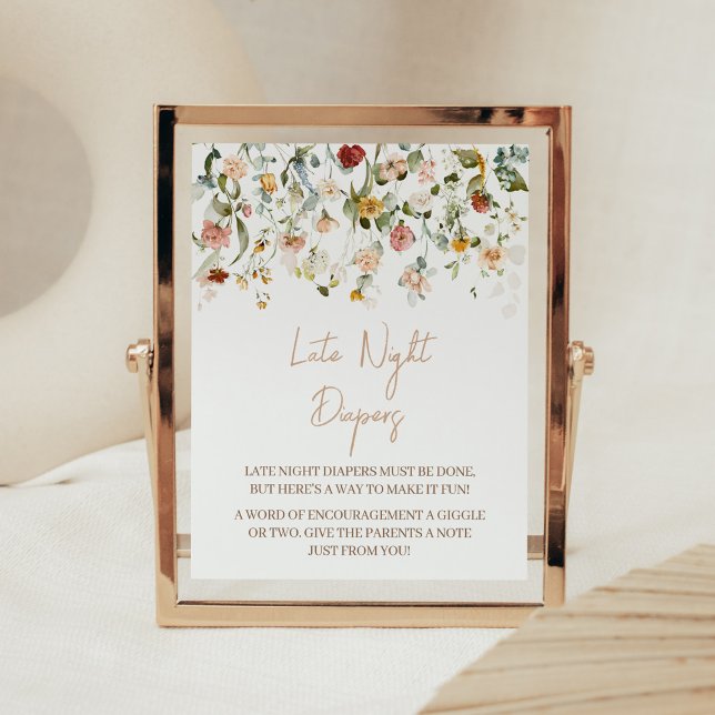 Wildblomma Baby i Bloom Late Nattblöjor Poster (Boho Spring Floral Baby Shower Late Night Diapers Sign)