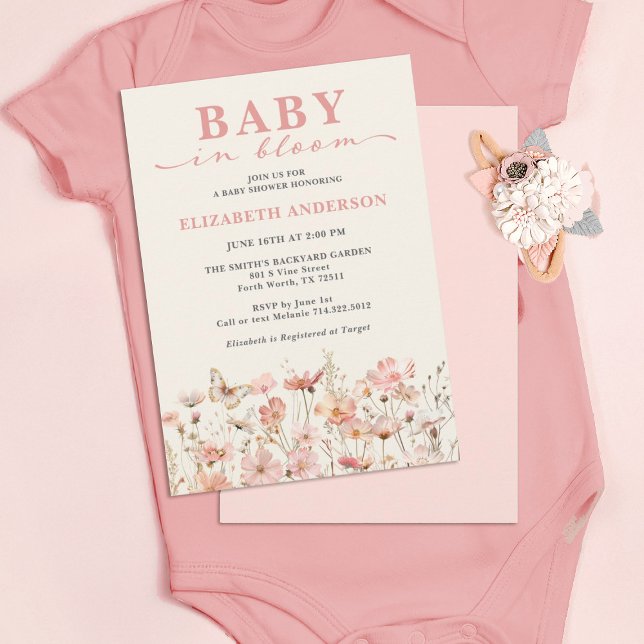 Wildblomma Baby i Bloom Rosa Inbjudningar (A cute baby in bloom floral girl baby shower invitation.)