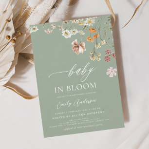 Wildblomma Baby i Bloom Sage Grönt Shower Inbjudningar