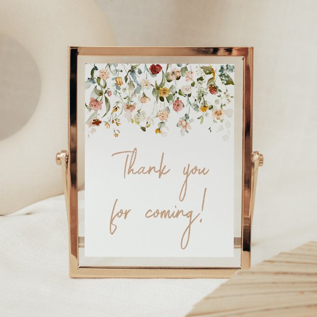 Wildblomma Baby i Bloom Tack för att du kom Poster (Boho Spring Floral Baby Shower Thank you for Coming Sign)