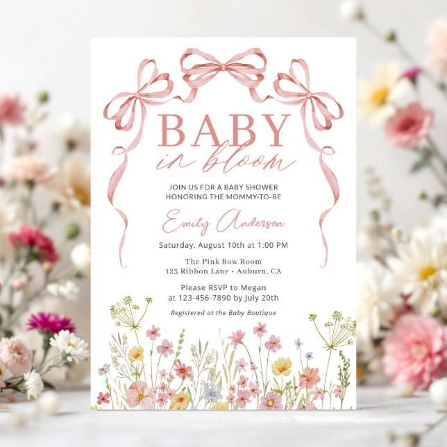 Wildblomma Baby i Rosa Bow Girl Shower Inbjudningar (Skapare uppladdad)