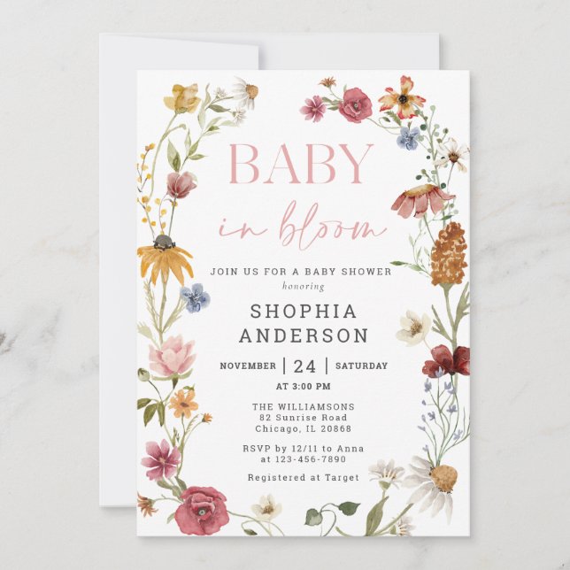 Wildblomma Baby in Bloom Girl Baby Shower Inbjudningar (Framsida)