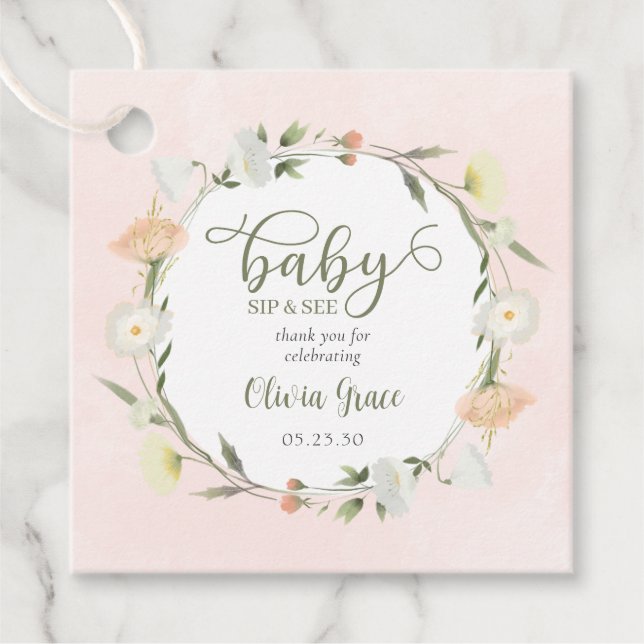 Wildblomma Baby Sip och se Tack Gåvor Etiketter (Framsida)