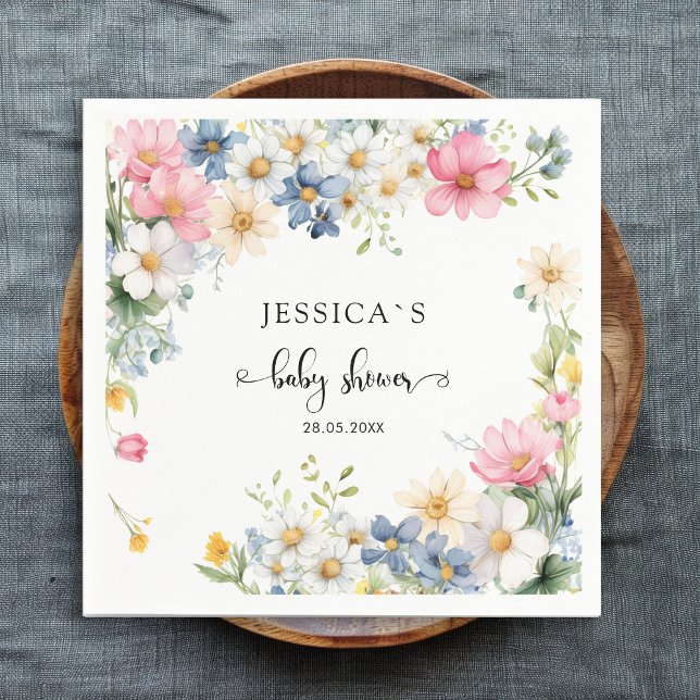 Wildblomma, babyskor pappersservett (Customer-specific, cute, wildflower baby shower napkin with your name & date. For girl, boy.)