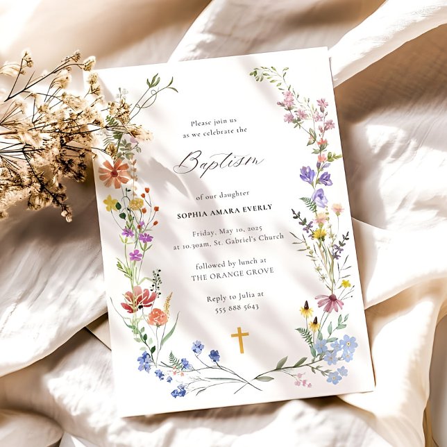 Wildblomma Baptism-inbjudan - mall Christening (Skapare uppladdad)