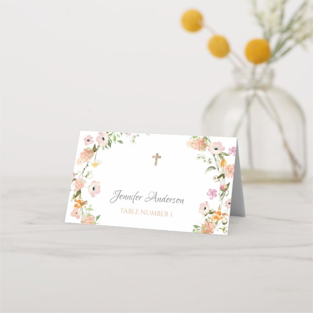 Wildblomma Baptism Rosa Guld Boho Girl Place Card Placeringskort (Framsida)