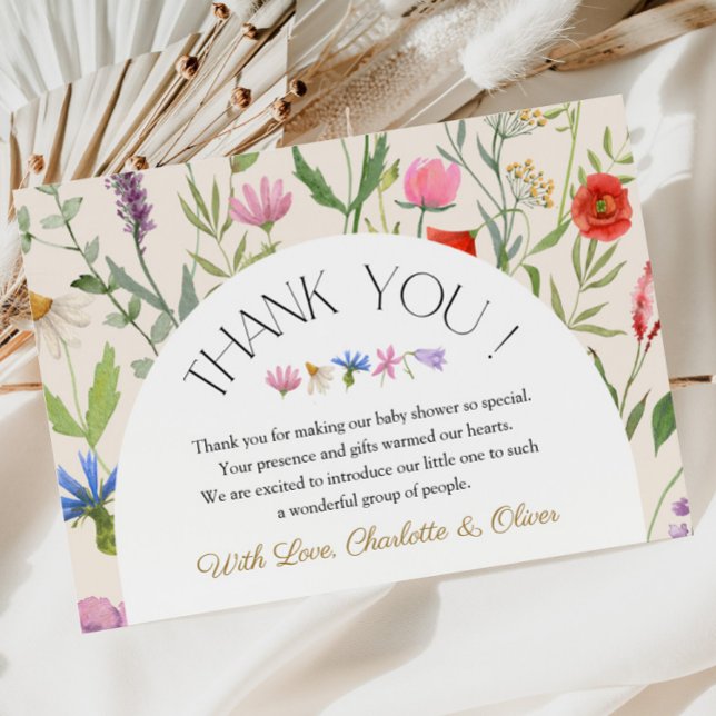 Wildblomma Beige Blommigt Baby Shower Tack för dit Kort (Wildflower Beige Floral Baby Shower Thank You Card)
