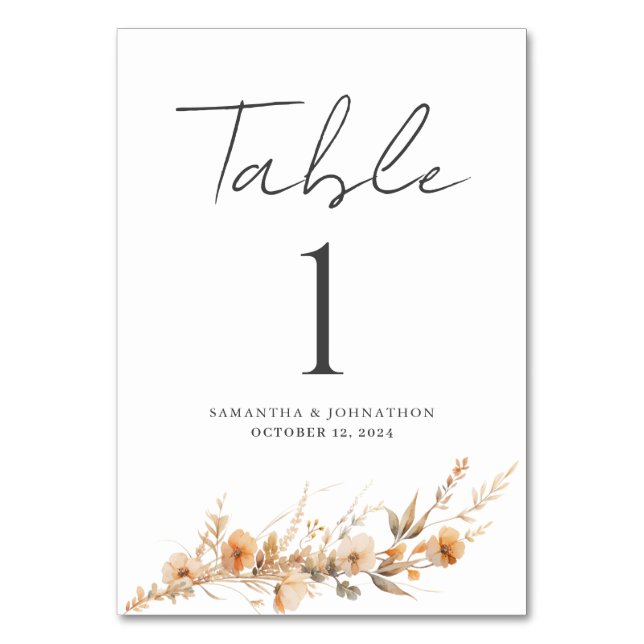Wildblomma Blommigt Bröllop Bord-kort Bordsnummer (Framsidan)