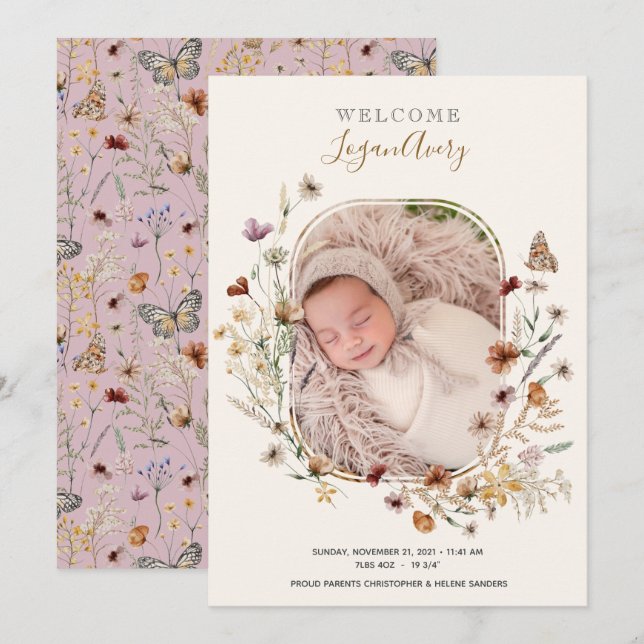 Wildblomma Blommigt Nyfödd bebis Birth Photo Meddelande (Fram/baksida)