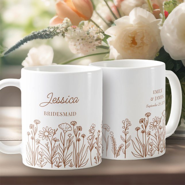 Wildblomma Blommigt valfri Färg Line Dradesmaid Kaffemugg (Wildflower Wedding Party Gift Mug to personalize for your bridesmaids, mother of the bride etc ..)