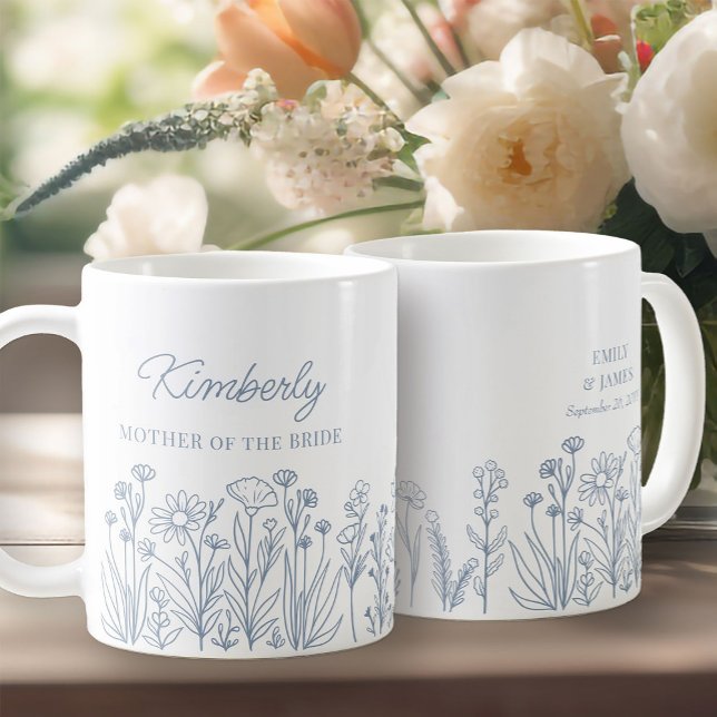 Wildblomma Blommigt valfri Färg Line Drawn Gräns Kaffemugg (Wildflower Wedding Party Gift Mug to personalize for your bridesmaids, mother of the bride etc ..)