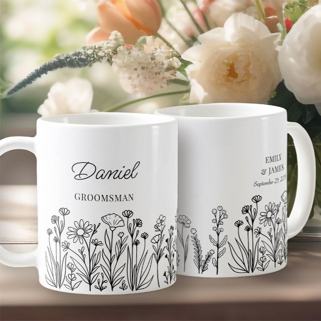Wildblomma Blommigt valfri Färg Line Drawn Groomsm Kaffemugg (Wildflower Wedding Party Gift Mug to personalize for your groomsmen, father of the bride etc ..)