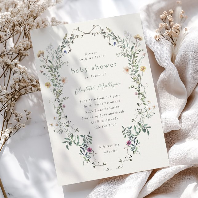 Wildblomma Blommigt WAN Vår Baby Shower Inbjudningar (Wildflower wreath boho spring baby shower invitations.)