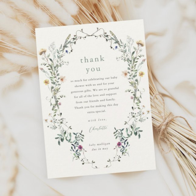 Wildblomma Blommigt WAN Vår Baby Shower Tack Kort (Elegant floral wreath wildflower baby shower thank you cards.)