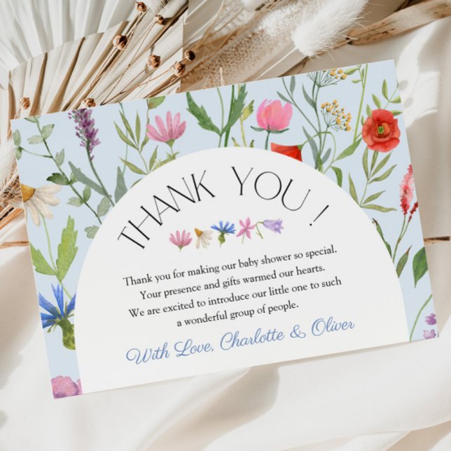 Wildblomma Blue Blommigt Baby Shower - tack för di Inbjudningar (Wildflower Blue Floral Baby Shower Thank You Card)