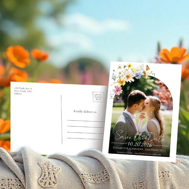 Wildblomma | Boho Arch Photo Save Date Vykort (Skapare uppladdad)