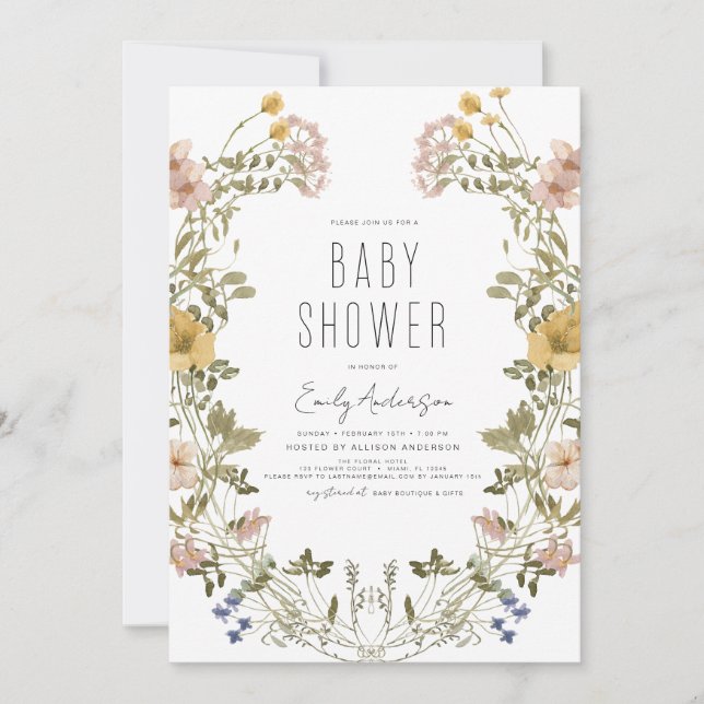Wildblomma Boho Baby Shower Elegant Modern Bjud in Inbjudningar (Framsida)