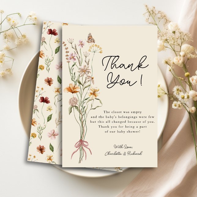 Wildblomma Boho Blommigt Baby Shower - tack för di Inbjudningar (Wildflower Boho Floral Baby Shower Thank You Card)