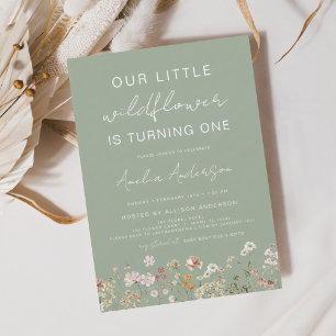 Wildblomma Boho Chic First Birthday Sage Grönt Inbjudningar