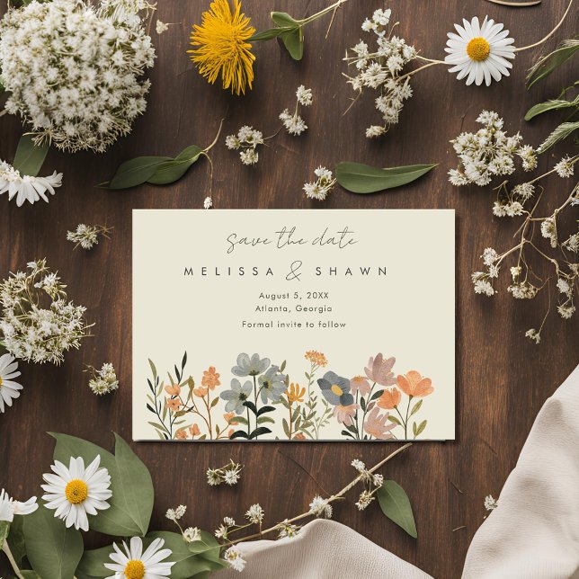 Wildblomma Boho kommer att förlora bröllopsfotot d Spara Datumet (Wildflower Boho Fall Wedding Photo Save The Date)