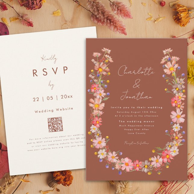 Wildblomma Boho Wand Burnt Orange Fall bröllop Inbjudningar (Wildflower boho wreath burnt orange terracotta fall wedding invitation with whimsical script)