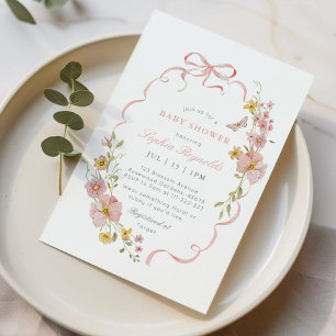 Wildblomma Bow ram Rosa Baby Shower Inbjudningar