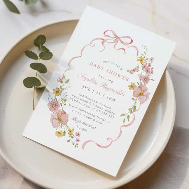 Wildblomma Bow ram Rosa Baby Shower Inbjudningar (Skapare uppladdad)