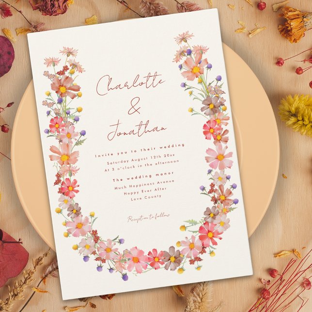 Wildblomma bränd orange bröllop inbjudningar (Boho wildflower wreath fall wedding invitation with burnt orange dried flowers)