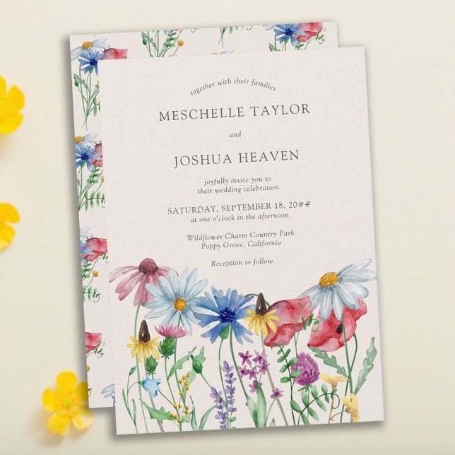 Wildblomma Bröllop Boho Land Blommigt Inbjudningar (Charming and romantic floral wedding invitation)