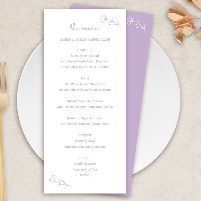 Wildblomma Bröllop Menu i Lilac Program (Wildflower Wedding Menu in Lilac)