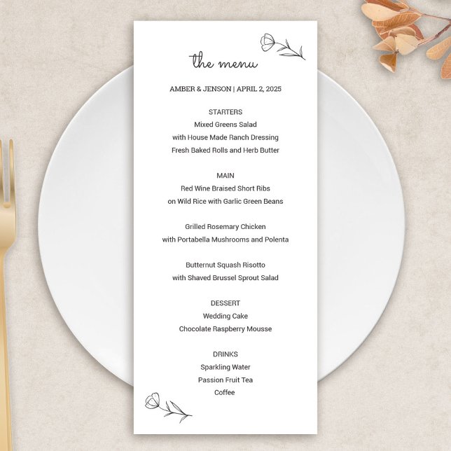 Wildblomma Bröllop Menu Program (Wildflower Wedding Menu Card by Fiesta Valley Print)