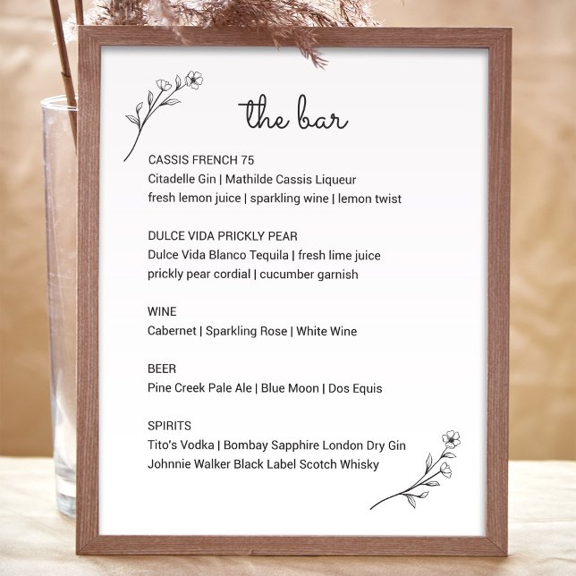 Wildblomma Bröllop Pub Menu-tecken Poster (Wildflower Wedding Bar Menu Sign by Fiesta Valley Print)