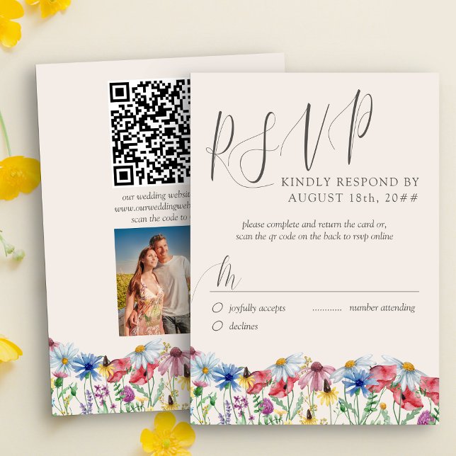 Wildblomma Bröllop Rustic Photo and QR Code OSA (Wildflower Wedding RSVP card with custom photo, qr code and traditional response form )