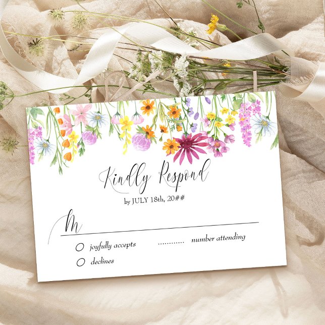 Wildblomma Bröllop Söt Meadow Flower OSA Kort (Simple RSVP cards to include with your wildflower wedding invitations)