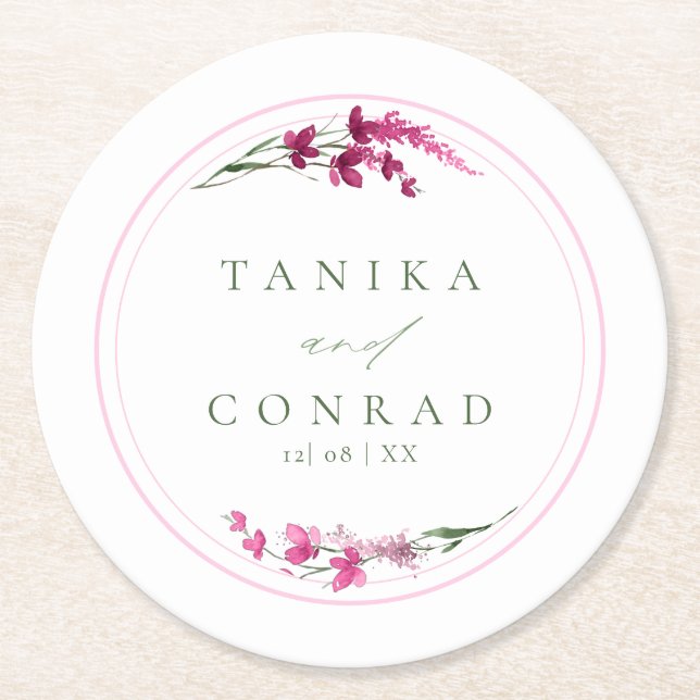 Wildblomma Bröllop Watercolor Namn Fuchsia ID954 Underlägg Papper Rund (Framsidan)