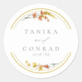 Wildblomma Bröllop Watercolor Namn Guld, ID954 Runt Klistermärke