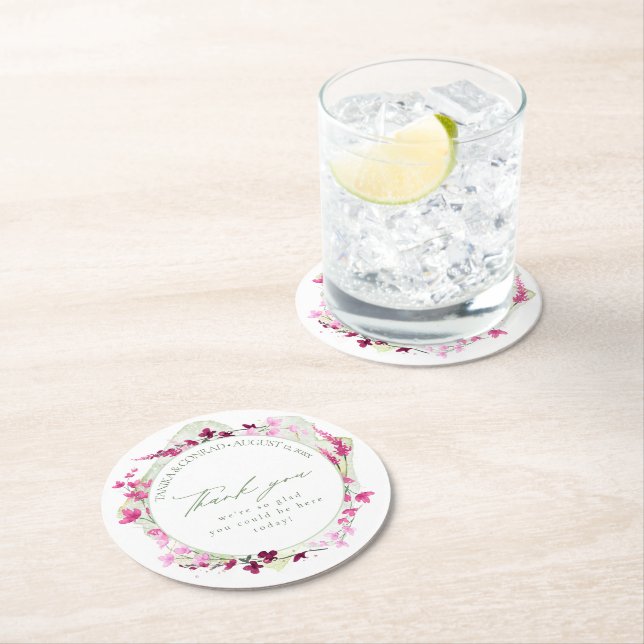 Wildblomma Bröllop Watercolor Tack Fsia ID954 Underlägg Papper Rund (Insitu)