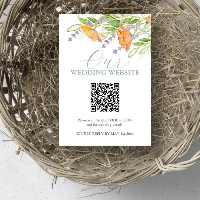 Wildblomma Bröllop webbplats OSA kort med QR-kod (Wedding website insert card with QR code features unique watercolor floral art Victoria Grigaliunas)