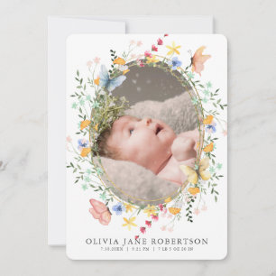 Wildblomma Butterfly Girl Photo Birth Announcement Inbjudningar