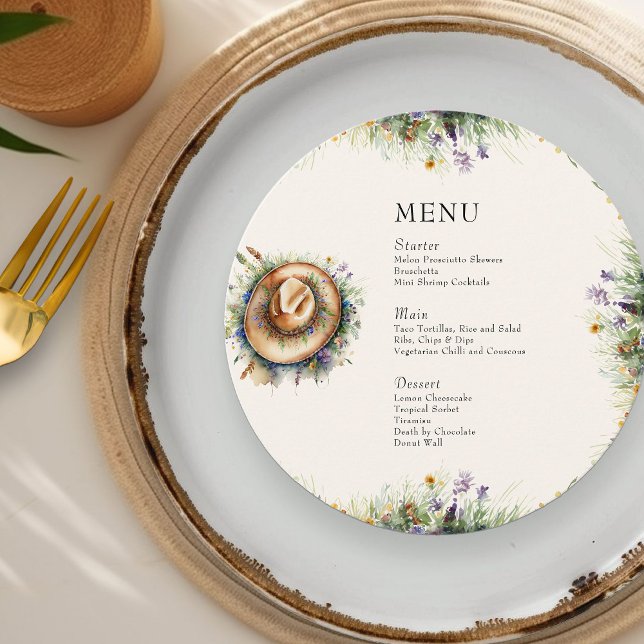 Wildblomma Cowgirl Hat Rustic Blommigt Quinceanera Meny (Round Menu from my Wildflower Cowgirl Hat Quinceanera Collection
)