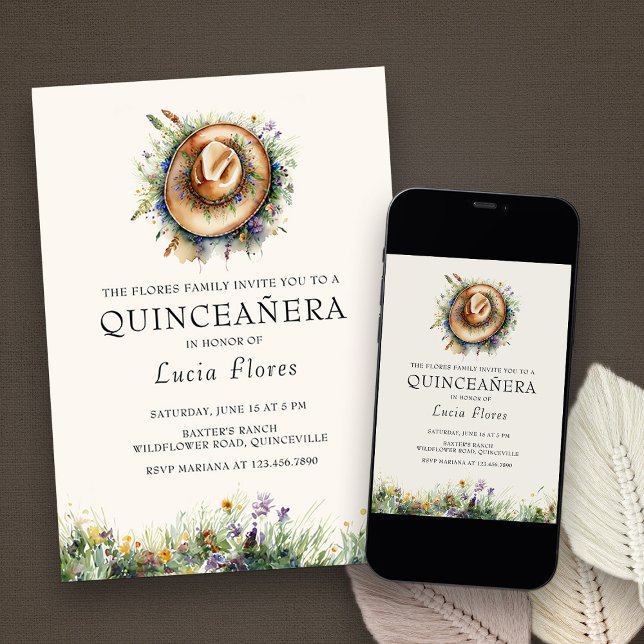 Wildblomma Cowgirl Hat Rustic Elegance Quinceanera Inbjudningar (Quinceanera Invitation from my Wildflower Cowgirl Hat Quinceanera Collection
)